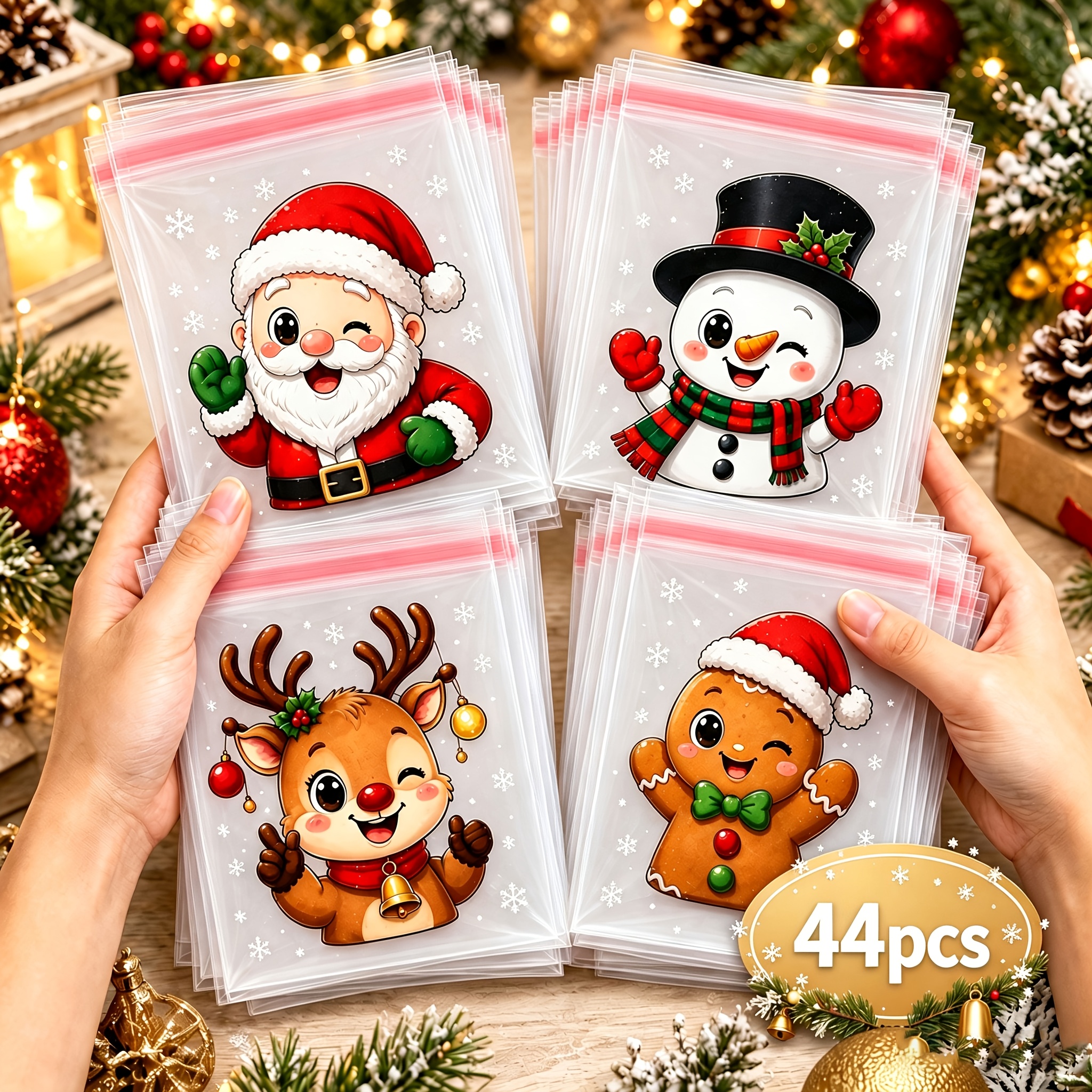 TEMU 44pcs Pack 4-in-1 Self-adhesive Christmas Gift Bags Suitable For Santa, Snowman, Reindeer & Gingerbread Wrapping - Reusable Plastic Bags With