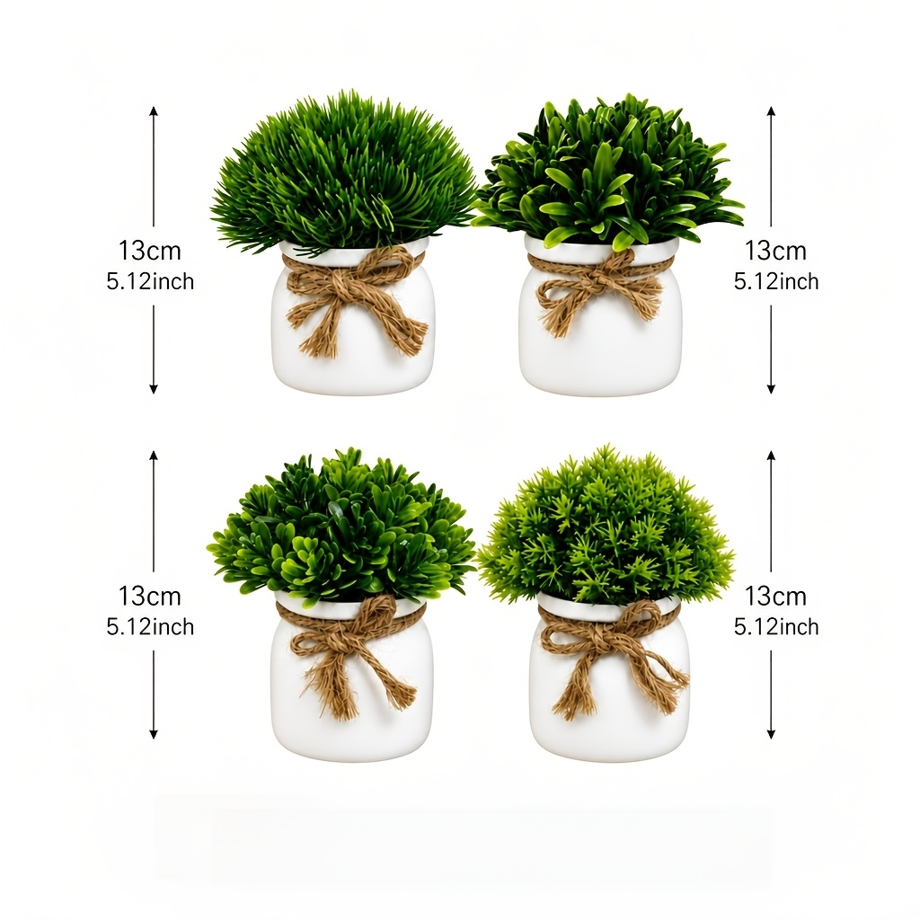 Image of 4pcs Small Artificial Plants In White Ceramic Pots, Fake Greenery Potted Plants With Jute Bow, Mini Faux Plants For Home Bathroom Bedroom Office Desk Shelf Farmhouse Decor
