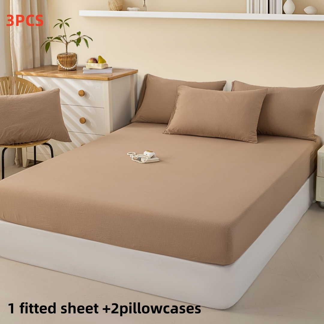 Image of Fitted Sheet Set | Caramel Brown Shades, Calming Relaxing , Sense, Skin-friendly & Breathable, Touch (fitted Sheet And Pillowcases)