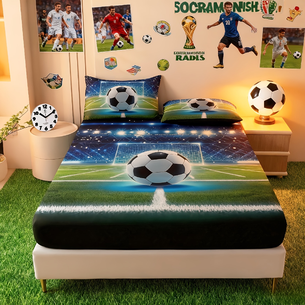 TEMU 3pcs Sports Football Printed Fitted Sheet Set, Queen Mattress Cover, Twin Mattress Protector, King Bedding Set, Polyester Machine Washable,