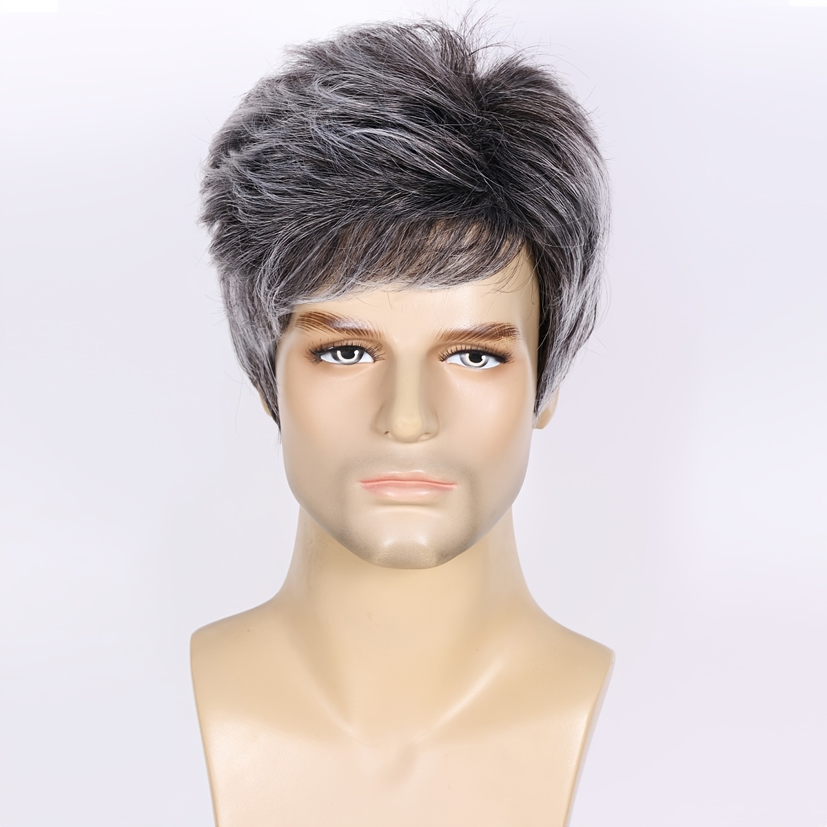 Image of Stylish Silvery Gray Men's Short Curly Wig - Heat Resistant Synthetic Fiber, Side Parted, Perfect For