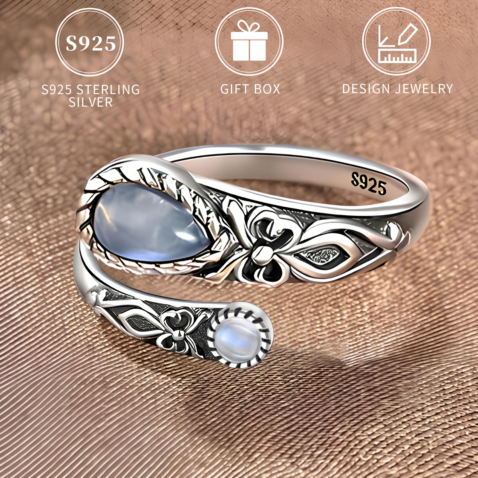 

Vintage S925 Sterling Silver Ring - Adjustable Spoon Band With Synthetic Stone, Detail, & Gift- On Day, Includes Gift Box