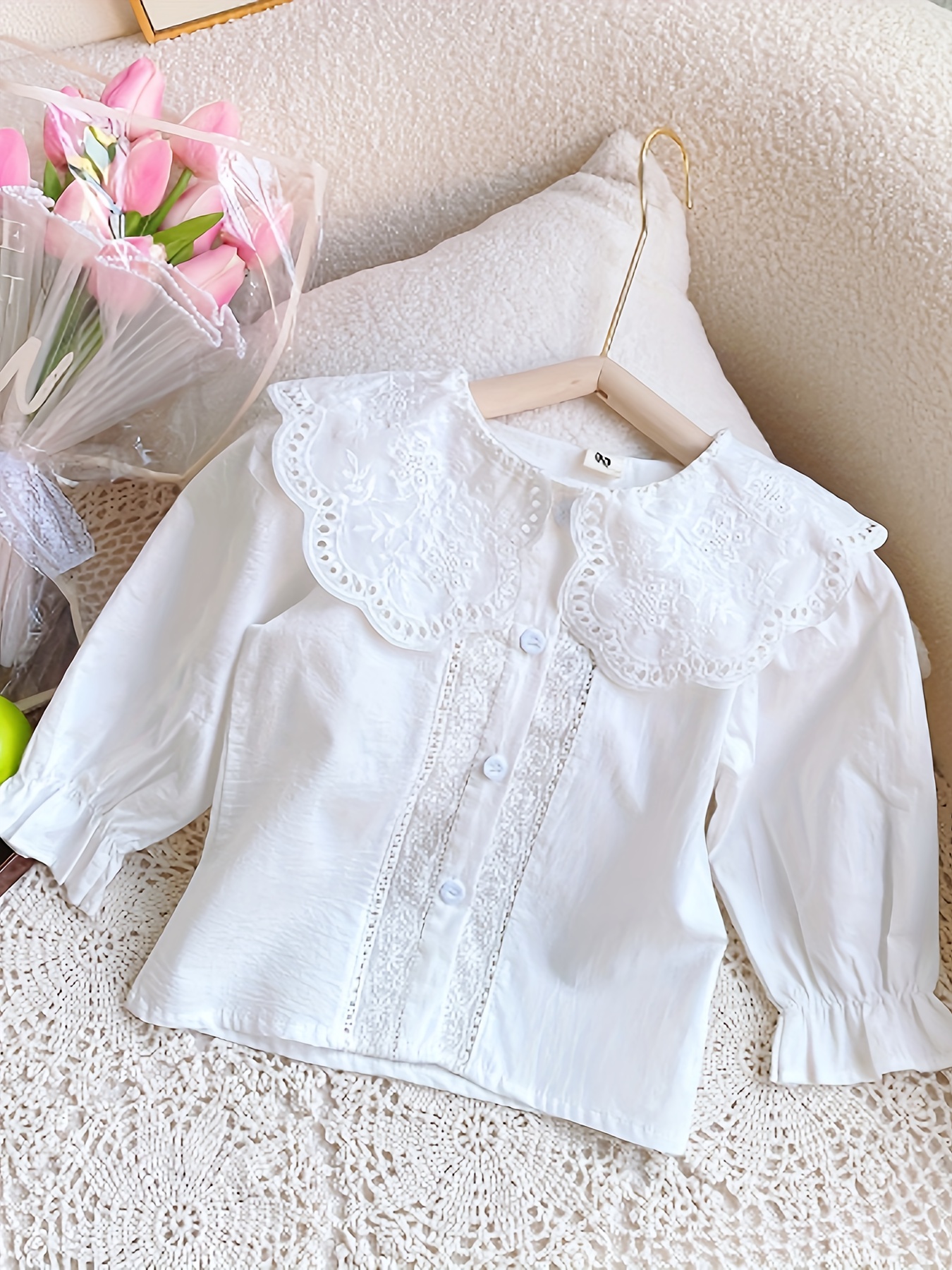Girls' White Lace Trim Blouse Long Sleeve Round Neck Button-Front Shirt  with Collar Short Spring/Fall Outfit for, Church, Parties Casual 