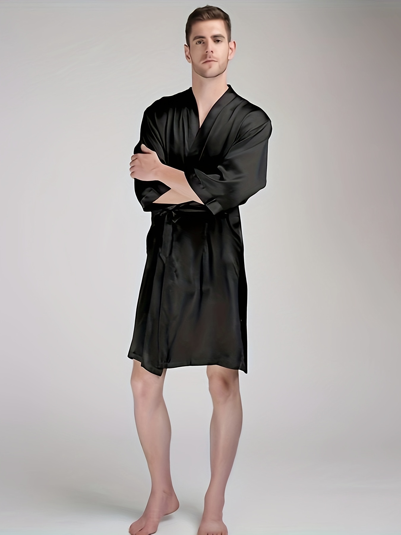 mens solid color bathrobe robe short style soft and comfortable satin pajamas for men
