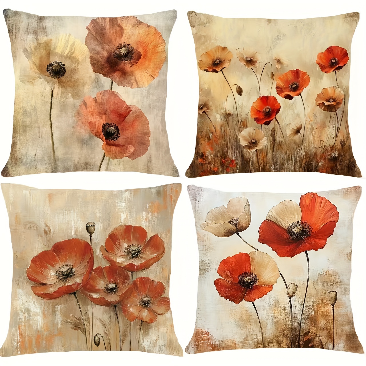 

4-pack Vintage Style Poppy Floral Throw Pillow Covers - Machine Washable, Printed Design, Zipper Closure, Woven Polyester For Living Room, Sofa, Bedroom, Farmhouse Decor (covers Only, No Insert)