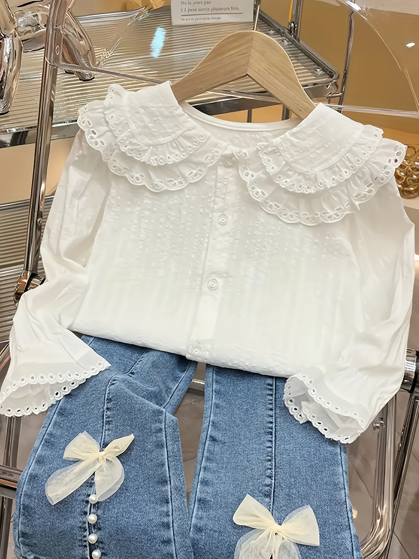 chic spring/fall girls' white long sleeve lace collar blouse