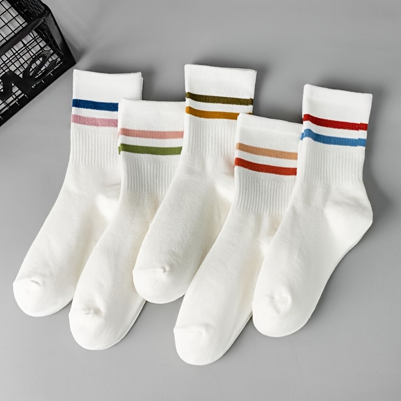 E-shop 5 Paar Damen Mid-Calf Socken, Gestreifte Doppelbar Individuelle High Aesthetic Damen Socken, Frühling Herbst Dünne Atmungsaktive