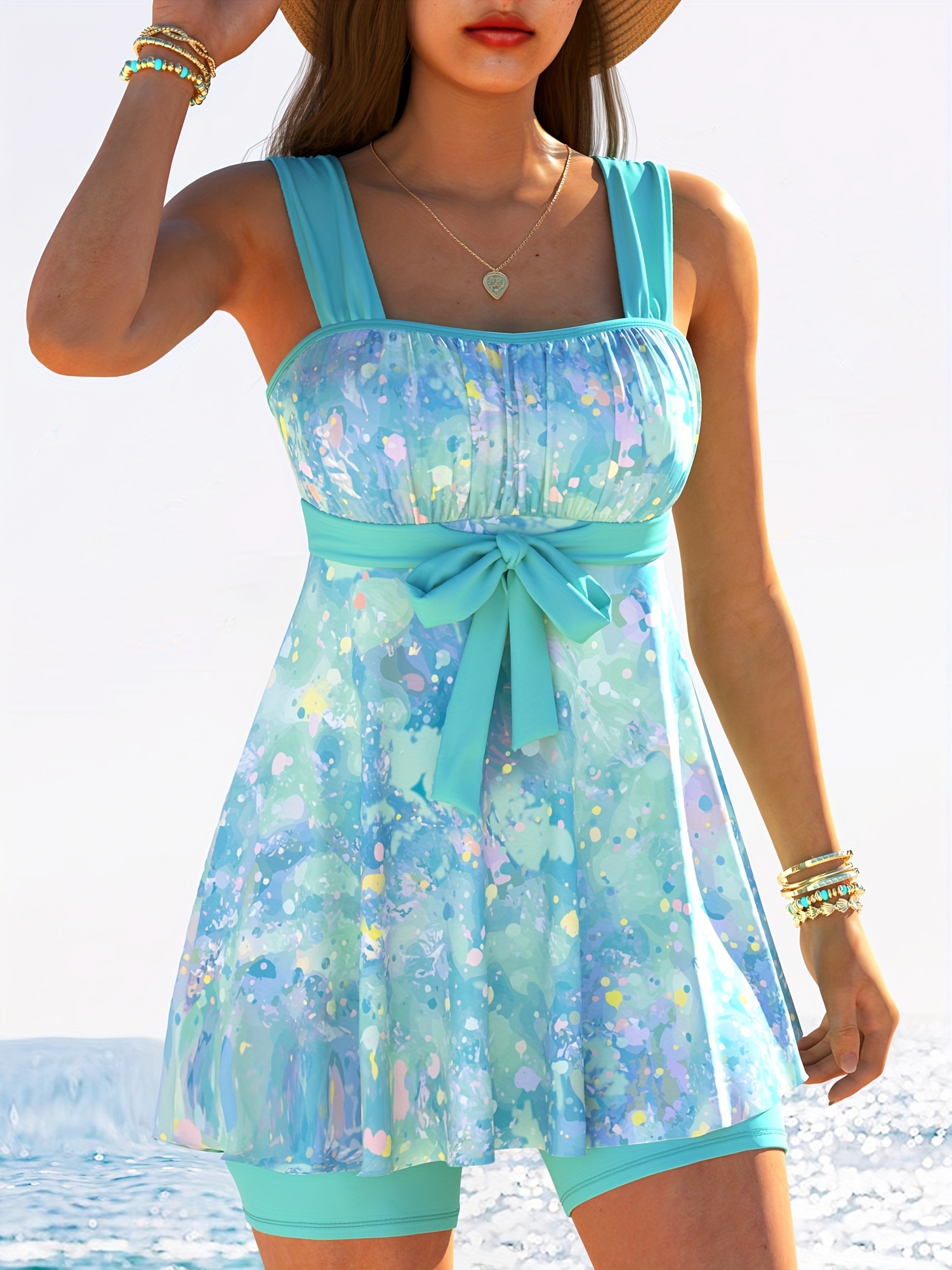 womens fashion tankini set polyester knit fabric high   tie dye pattern sleeveless swimsuit with matching shorts viridity 1