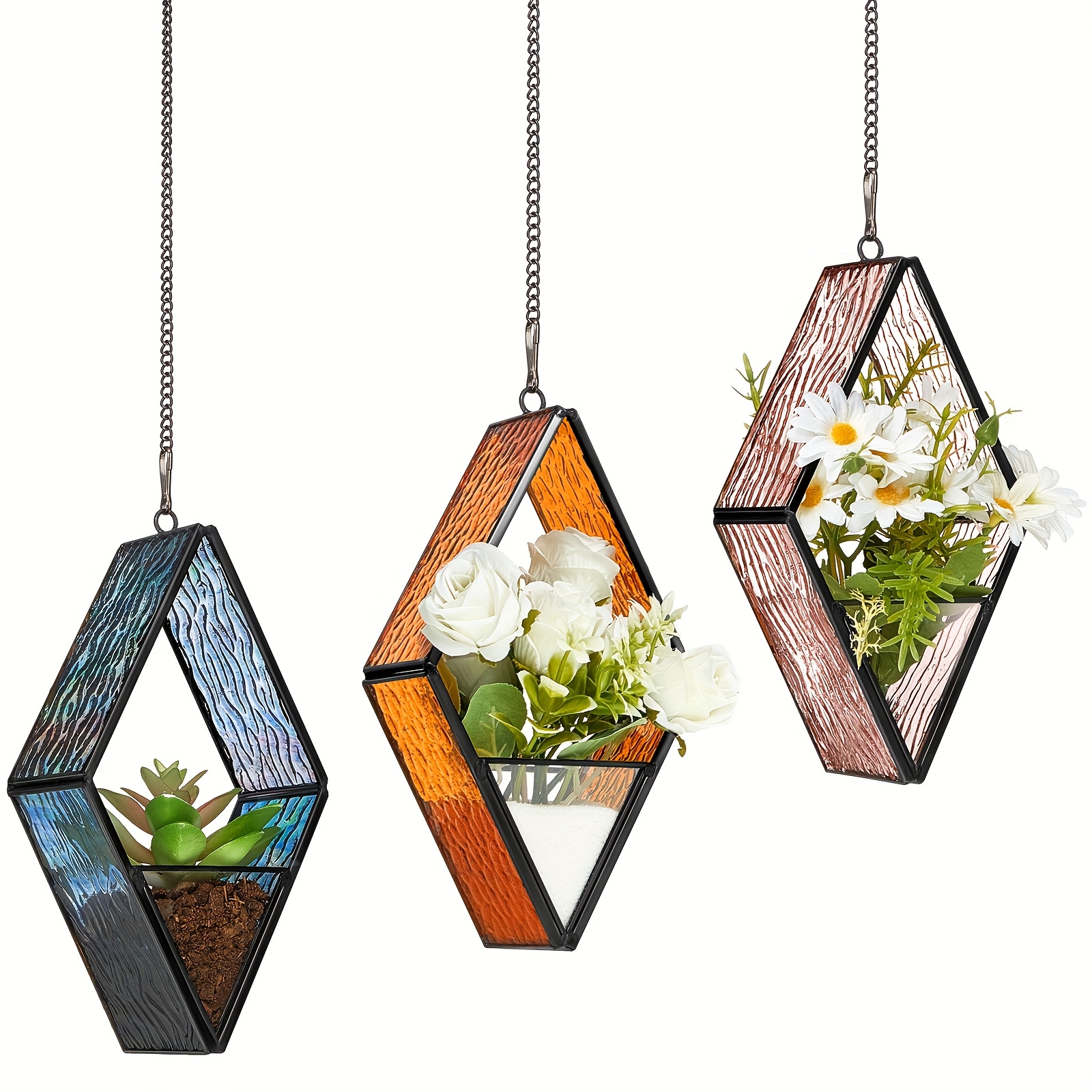 3pcs Stained Glass Hanging Terrariums - Hexagonal Geometric Planters with  Chains * Indoor/Outdoor Glass Enclosed Display Cases for Succulents, Air  Plants, Moss - Garden, Wall, Windowsill Decor, ...
