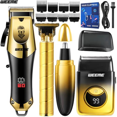 Conjunto de Máquina de Cortar Cabelo Masculina WEEME 1 peça 2 peças 3 peças Dourada, Azul, Preta Prateada, Máquina de Cortar Cabelo Recarregável via USB, Kit de Aparador e Barbeador, com Pentes Guia e Escovas de Limpeza, Conjunto de Presente de Cuidados Pessoais para Homens, Marido, Namorado, Pai