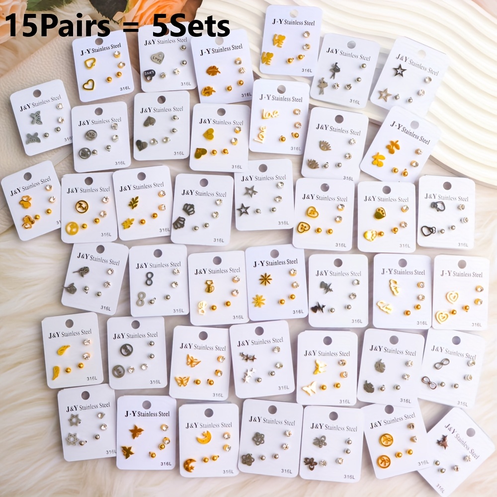 15/30 Pairs/pair Simple, Fashionable And Stainless Steel Women's Earrings With Crown, Heart, , Star , Suitable For Daily Wear, Festive Jewelry, Party And Vacation Gift