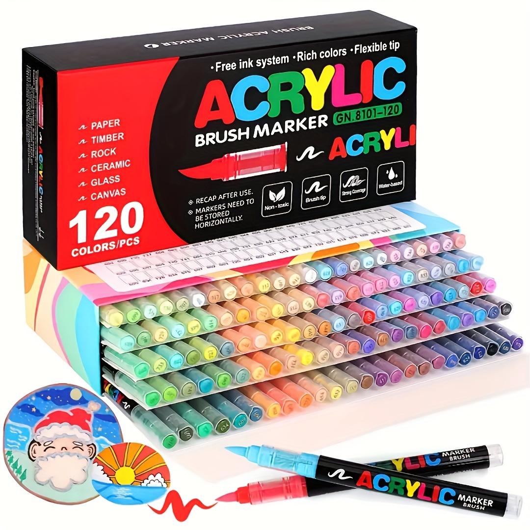 

120pcs Acrylic Paint Marker Set With Flexible Soft Brush Tips - On Wood, Plastic, Glass, Metal, Bamboo & Paper - Ideal For Canvas, Rocks, Ceramics & Fabric Crafts - Perfect Christmas Gift