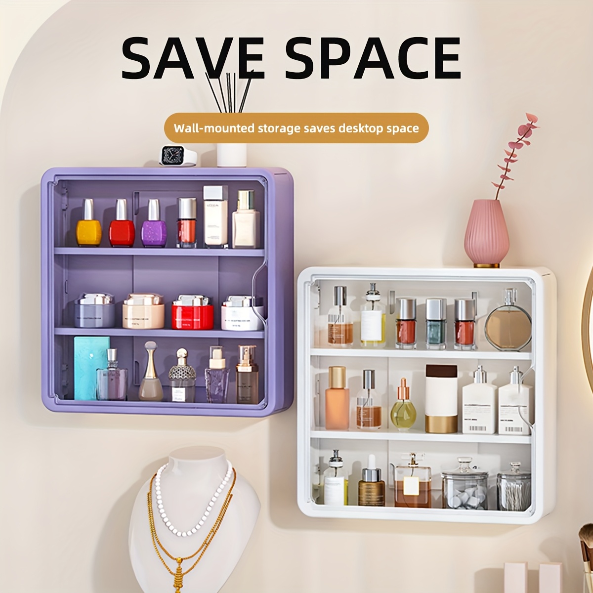 

1pc No-drill Wall-mounted Cosmetic Organizer, Multi-functional Makeup Storage Box With Removable Shelves, Transparent Bathroom Accessory, Unfinished , Space-saving Display Case