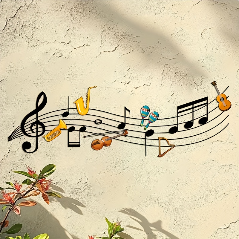 TEMU Grande Décoration Murale Métallique de 15,75" avec Notes et Instruments - Sculpture en Fer Clé Sol, Portée Notable accompagnées d'un Saxophone,