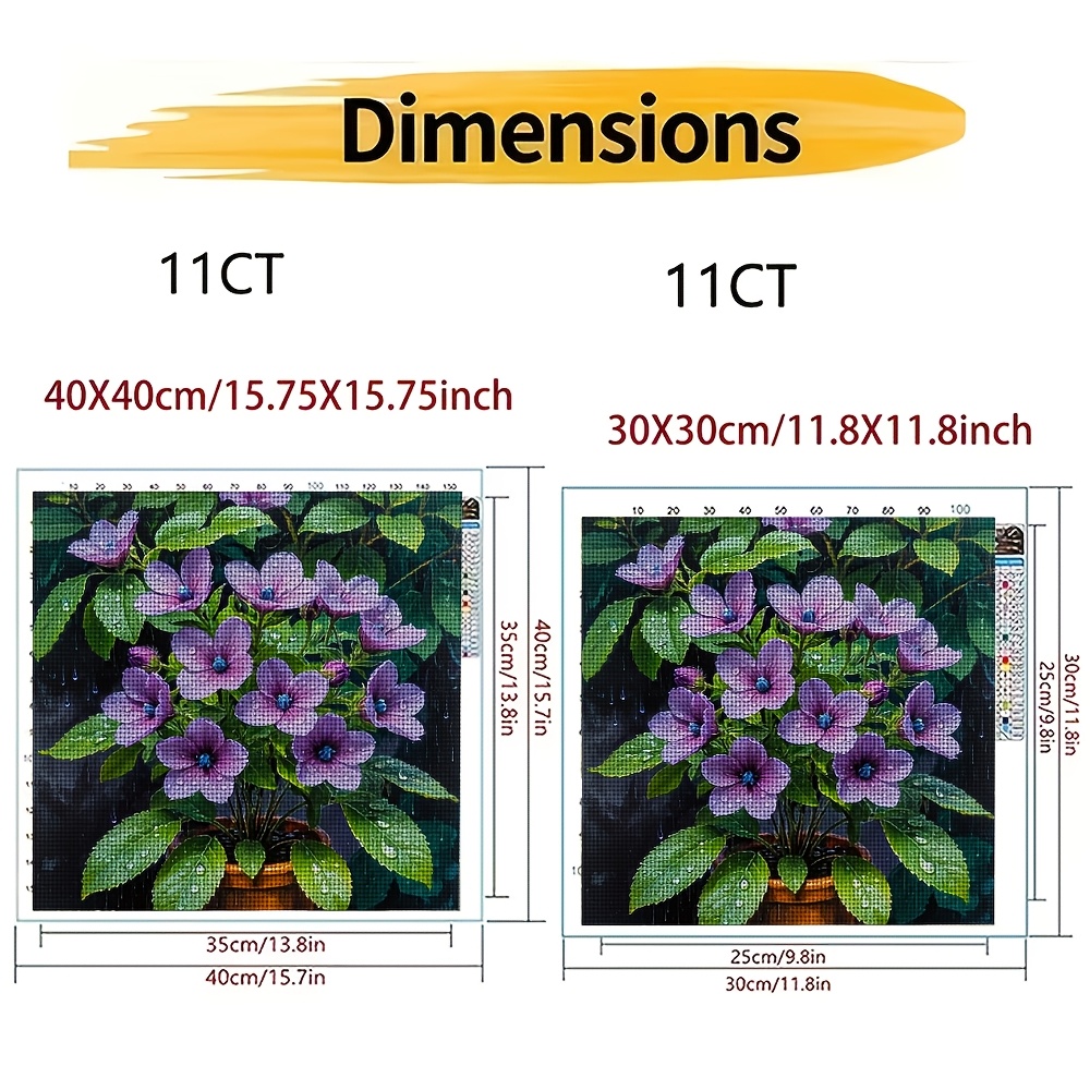 Frameless Cross Stitch Kit Featuring Purple Flowers with Raindrops in Pot