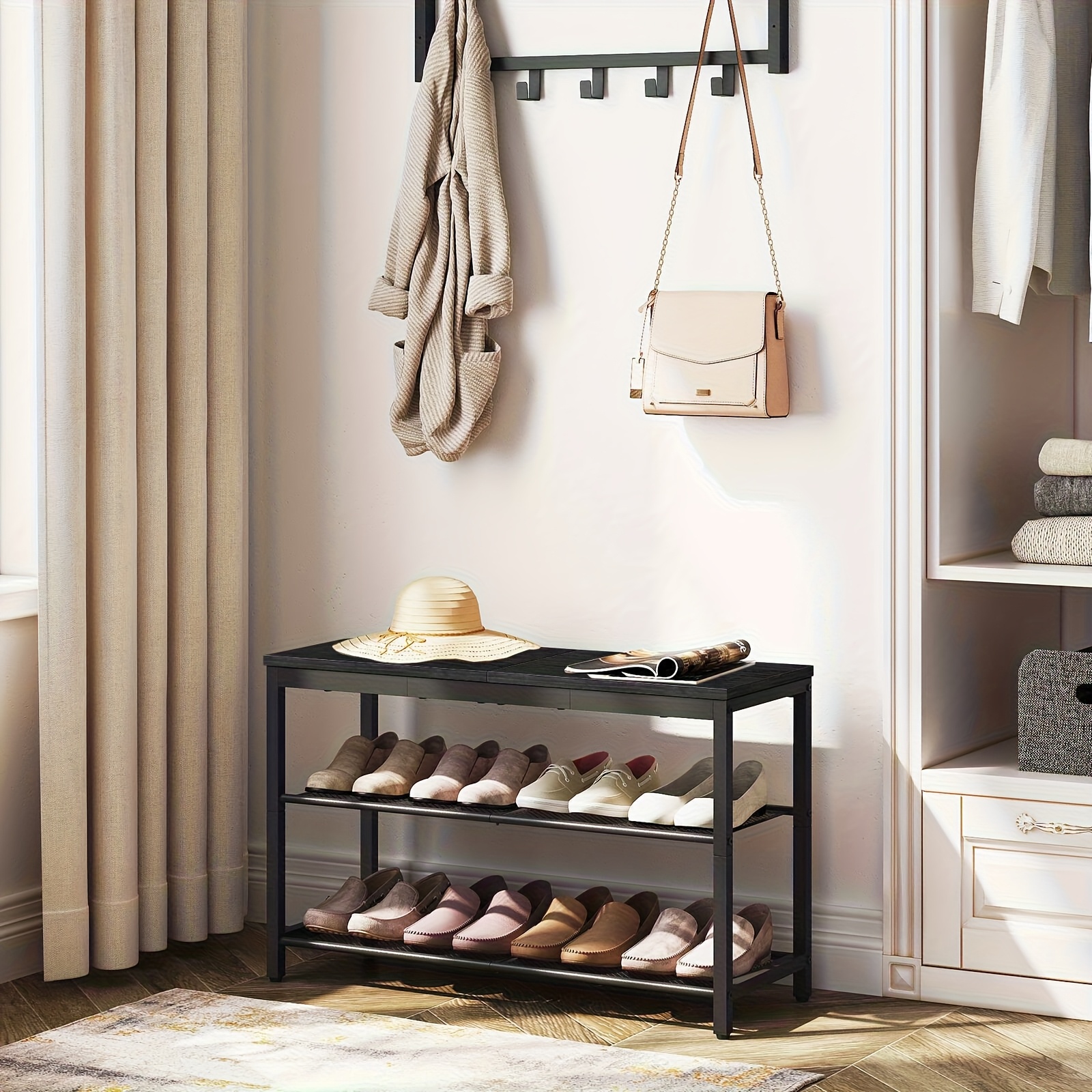 Image of Shoe Bench, 3-tier Shoe Rack, Industrial Shoe Organizer Storage Bench, Inches Entry Bench With Mesh Shelves, For Entryway, Living Room, Hallway, Easy Assembly, Rustic Brown