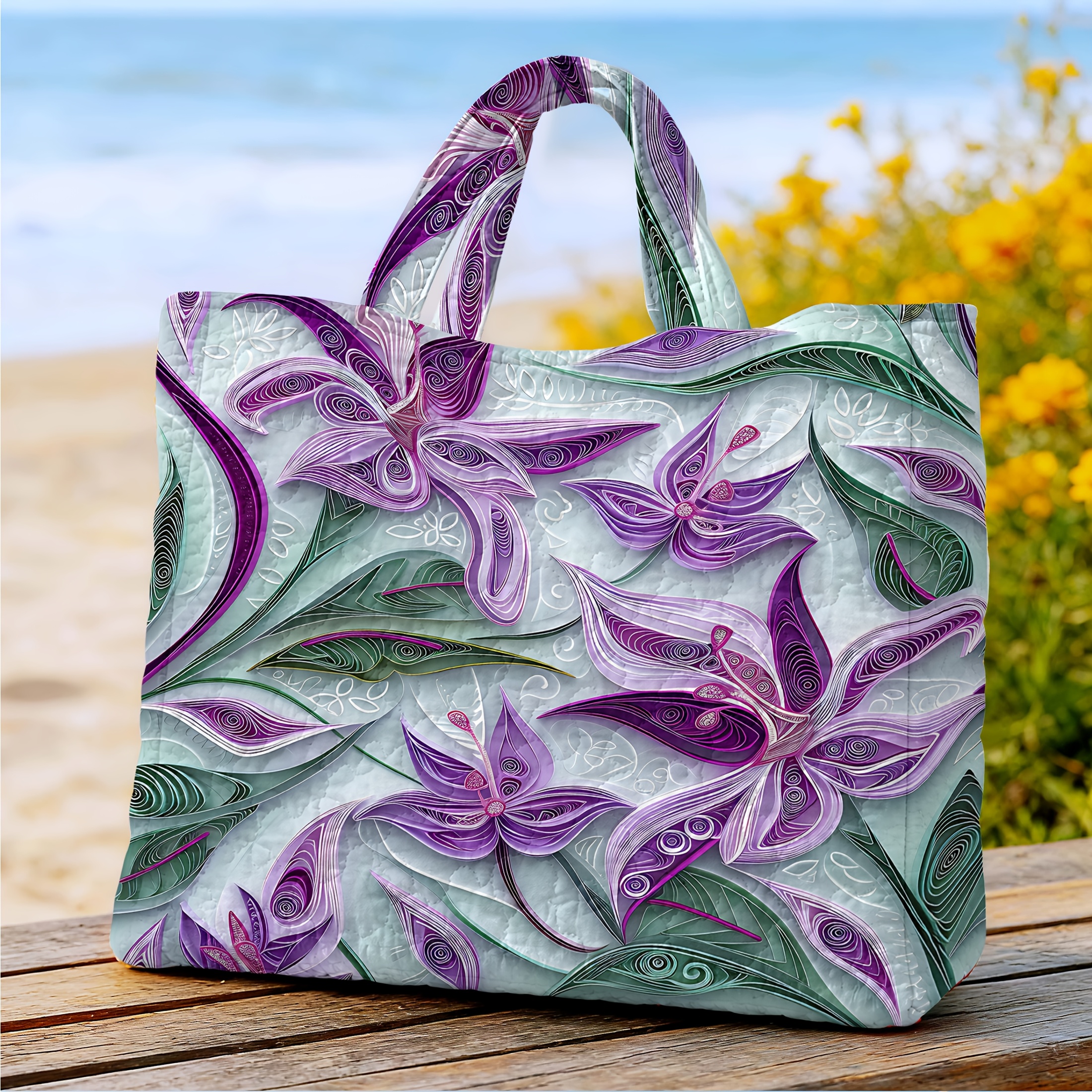 TEMU Women's Tote Bag, Purple Floral 2d Flat Print | Multi-functional Large Capacity Quilted Bag, Perfect For Books, Laptop And Personal Items, Ideal