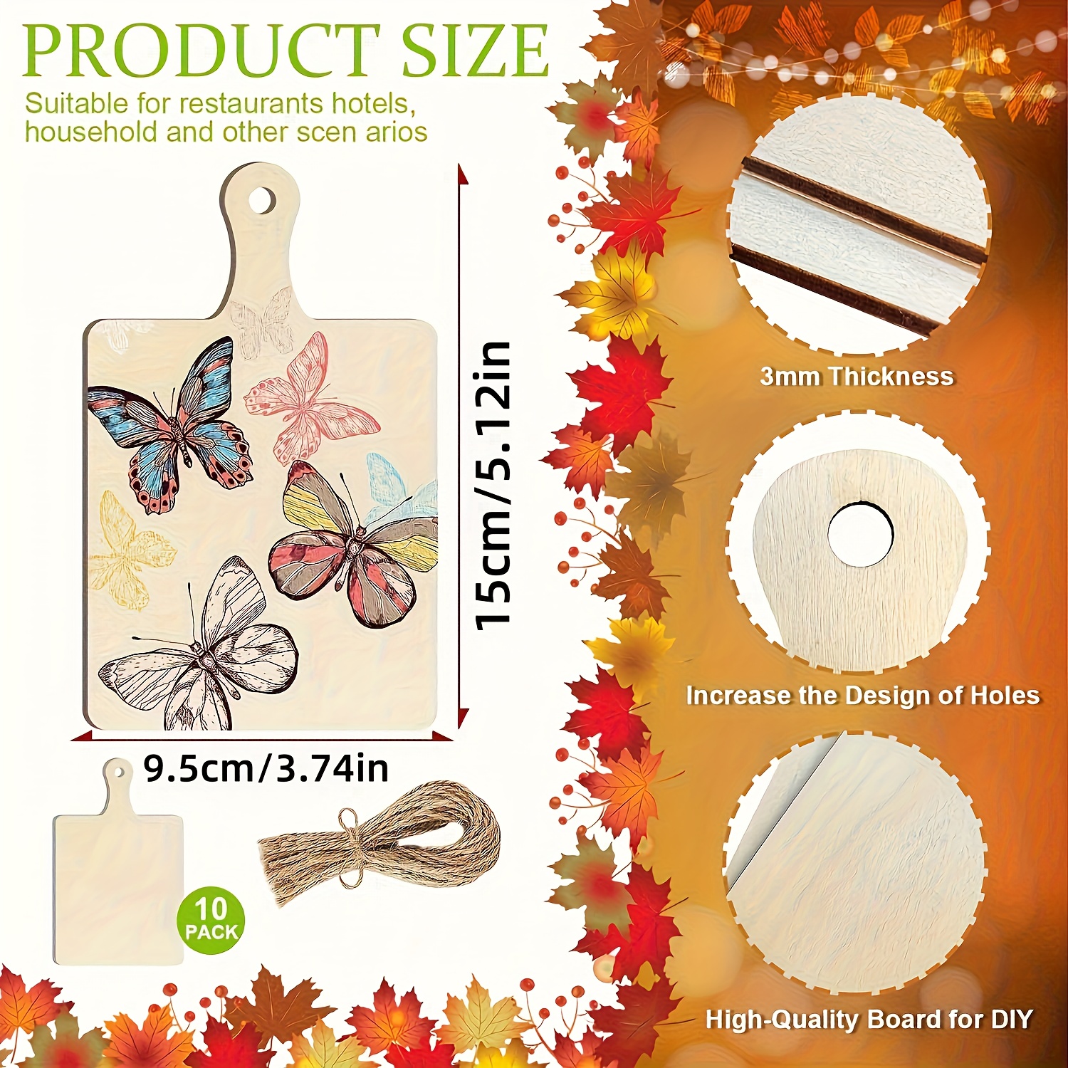 Image of 10-pack Unfinished Wooden Art Plaques With Twine For Painting And Decoration, Blank Cutout Boards For Hanging Ornaments, Holiday And Seasonal Crafts