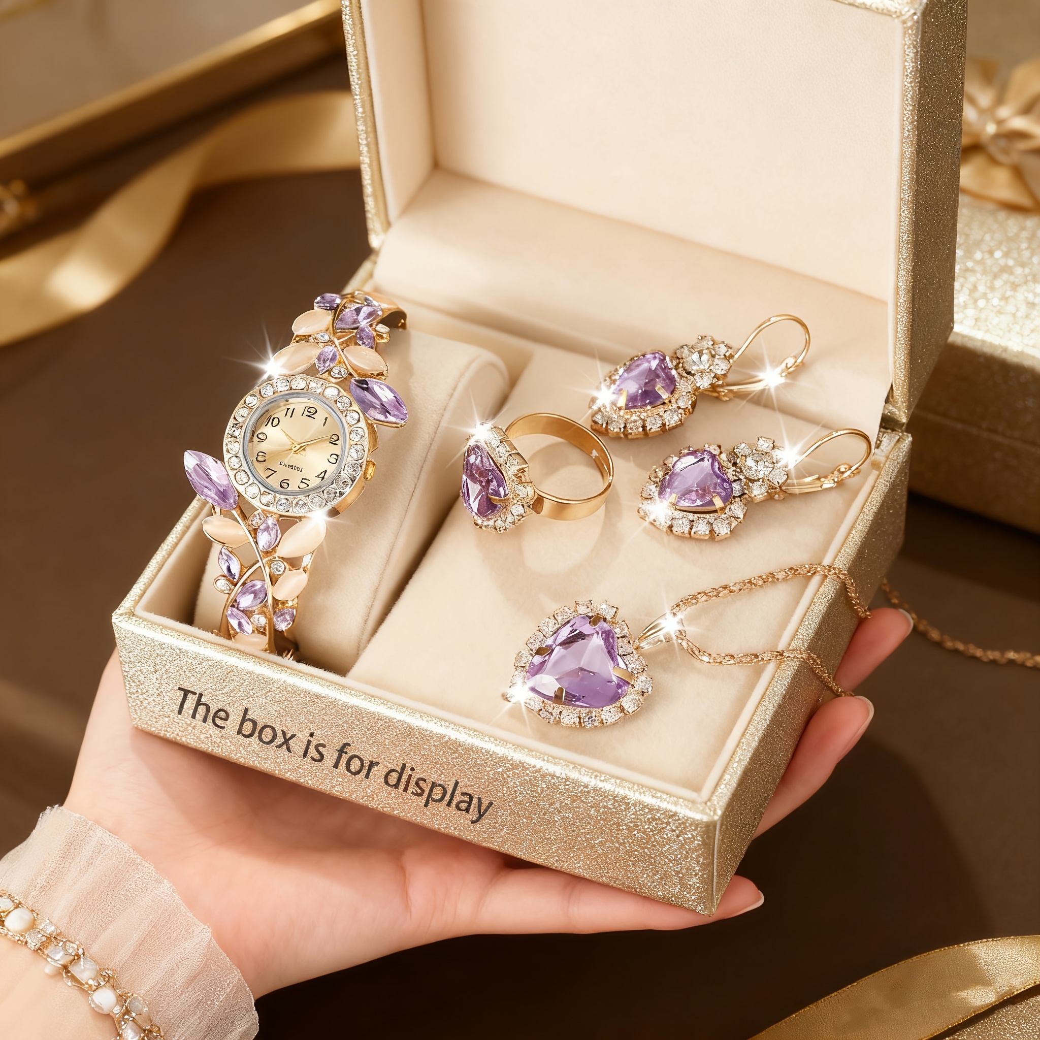 Image of 5pcs Luxury Women Rhinestone Diamond Bohemian Style Alloy Bangle Watch And Heart Rhinestone Jewelry Set, Gift For Her