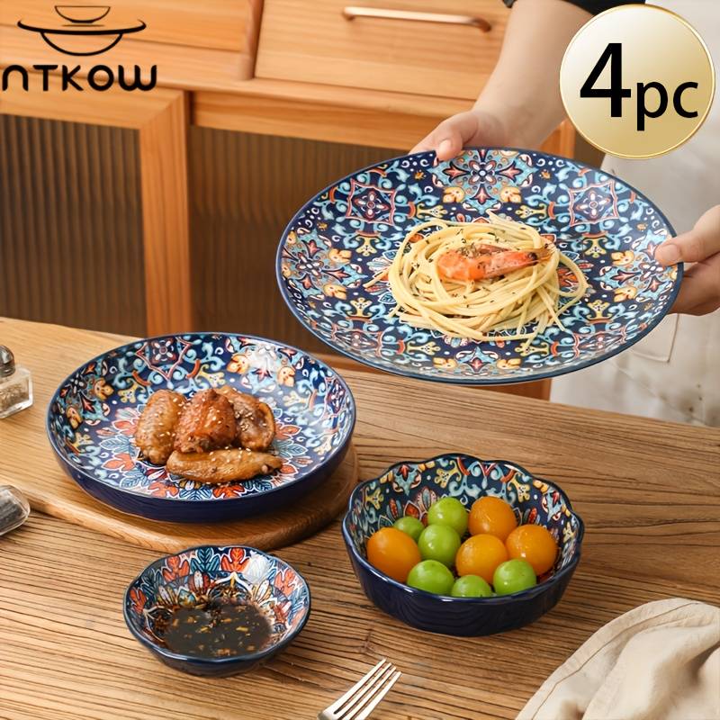 NTKOW 4pcs Bohemian dinnerware set, full sizes from 4 to 11 inches, versatile as salad plates, fruit dishes, sauce bowls. Microwave-safe, fits various scenarios. A top tableware pick, both attractive and practical, ideal for gifting or personal use 0