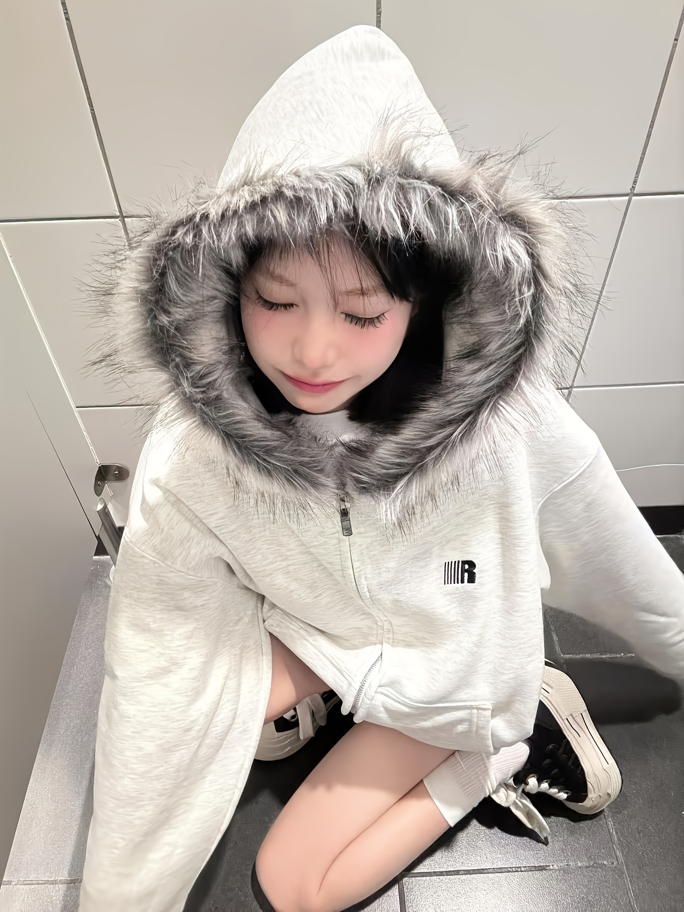 chaqueta casual oversize capucha cuello pelo elegante mujer Temu