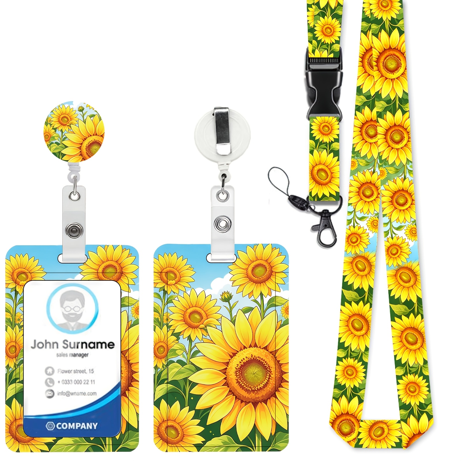 TEMU Cordon floral 2D et porte-carte d'identité, sangle de cou réglable, pince pour carte d'identité avec badge d'identité à motif floral, convient