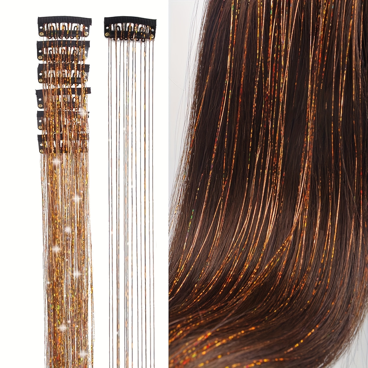 TEMU 6pcs Clip-in Hair Tinsel - Glitter Tinsel Hair Extensions With Sparkling Golden & Brown Strands, Heat-resistant Fiber, For Women &, Perfect For