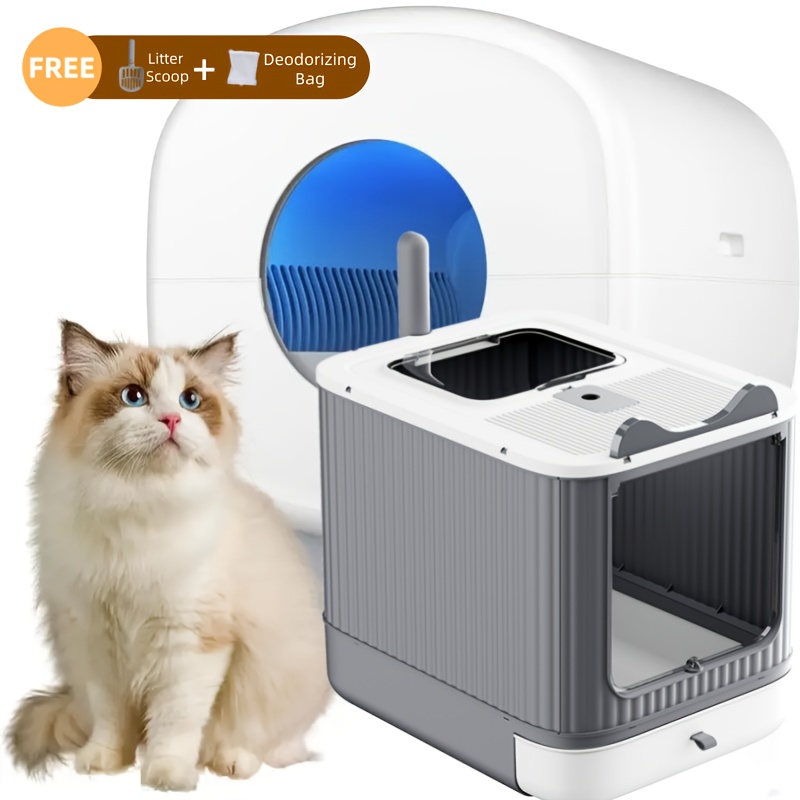 TEMU Litière pour chat extra-large 4 en 1 avec tiroir à chargement frontal, couvercle supérieur, double porte entièrement fermée, sac poubelle pour