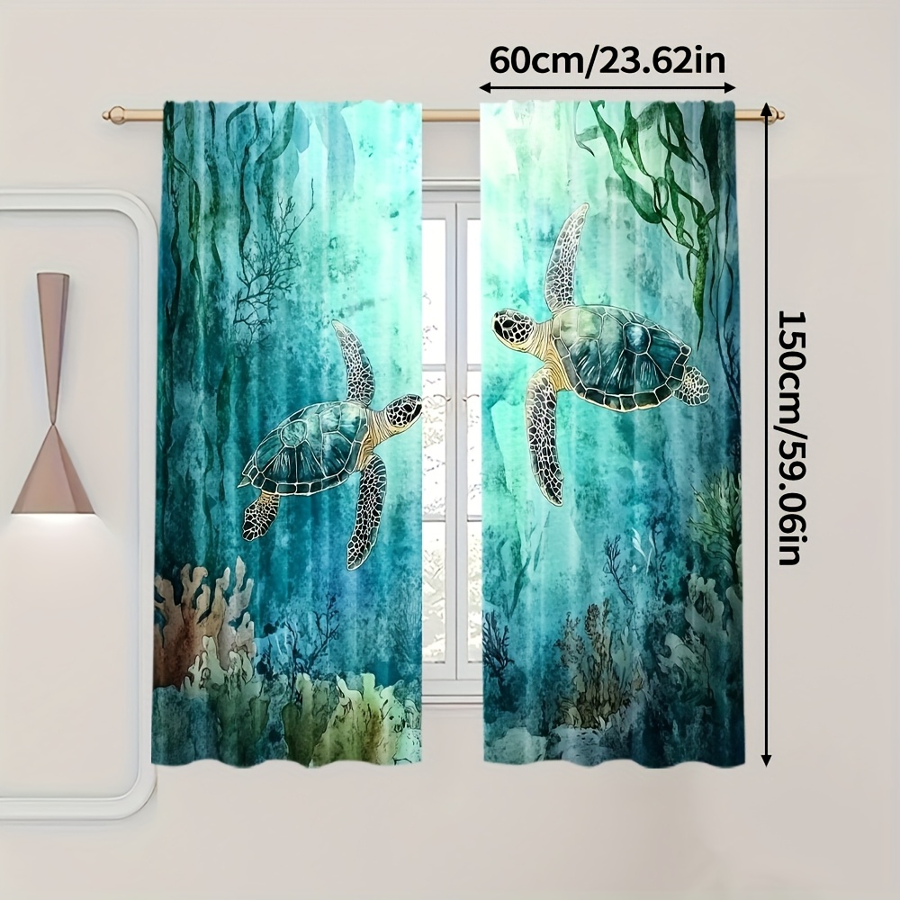 TEMU 2pcs Turtle Print Curtains - 100% Polyester Machine Washable Light Filtering Rod Pocket Curtains With Underwater Room, Bedroom, Office, Kitchen,