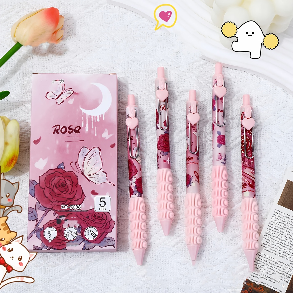 

5pcs Rose Quick- Pens - Elegant Floral & , Smooth - Ideal For School Supplies & Valentine's Day Gift, Neutral, High Aesthetic, Back To School