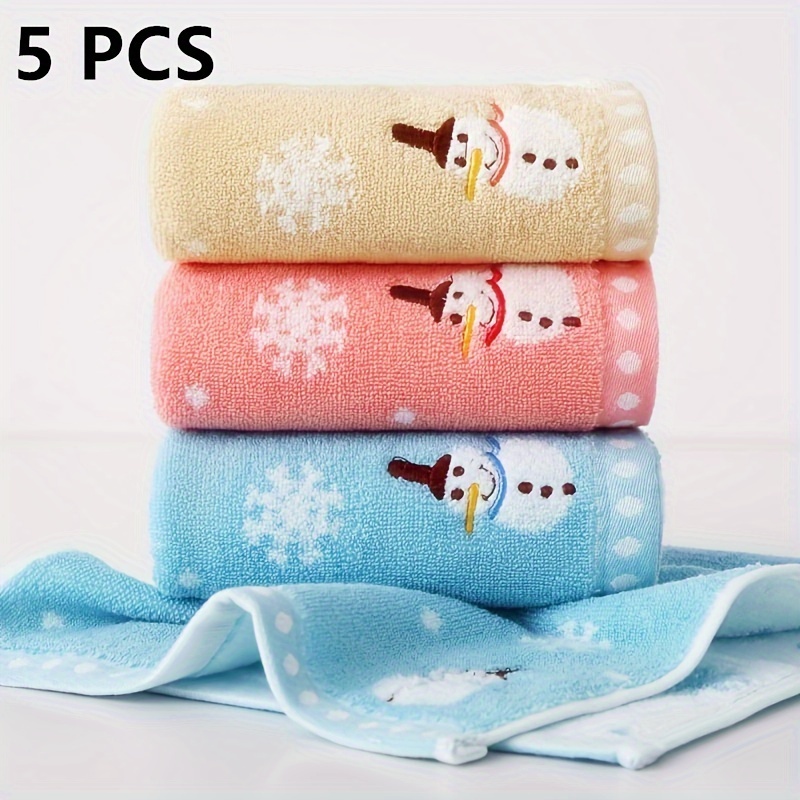 

5pcs Cotton Face Towel Set - Snowflake & Snowman Designs, Quick-dry & Absorbent, Skin - Bathroom & Home Use, Mixed Colors