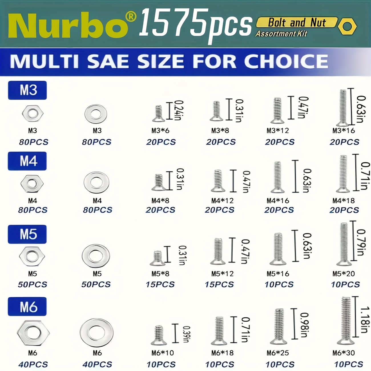 Juego de 1575 piezas de tuercas y tornillos, acero inoxidable, cabezas Phillips y planas, con varias tuercas, arandelas y caja organizadora de doble cara
