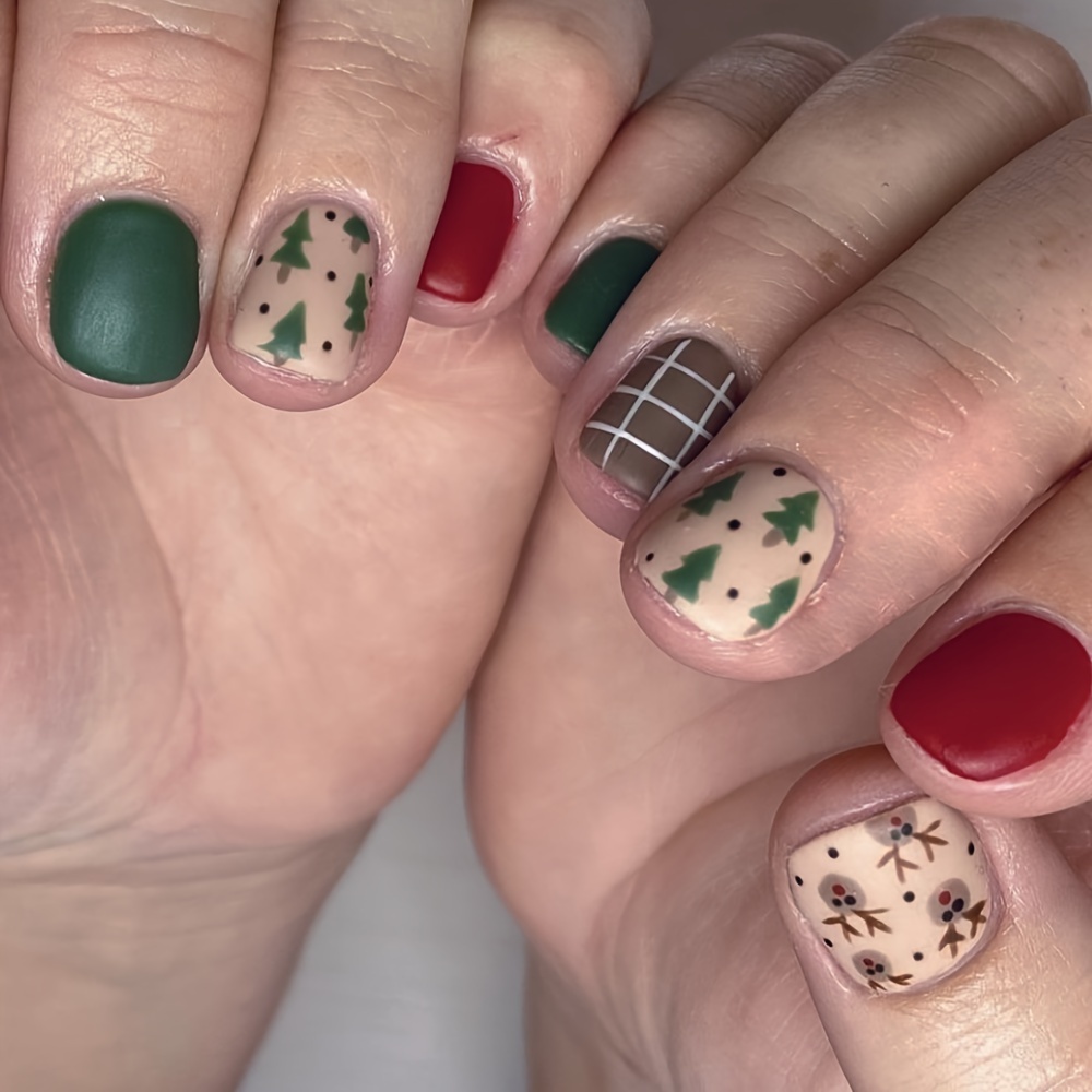 

24pcs Christmas Press-on Nails Set - Matte , Short Square Shape With Checkerboard & For Holiday