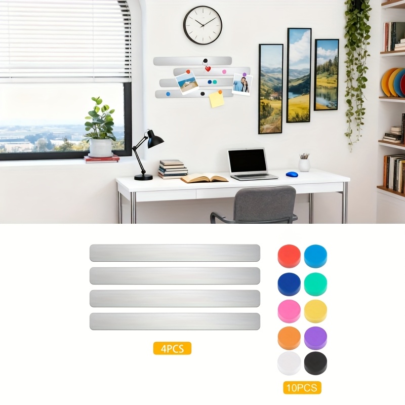 4 Magnetic Self-adhesive Strips 10 Powerful Magnets, Metal Memo Board/bulletin Board Storage For Classroom Displays, Office , Study Markers, Photo Wall And Document Storage
