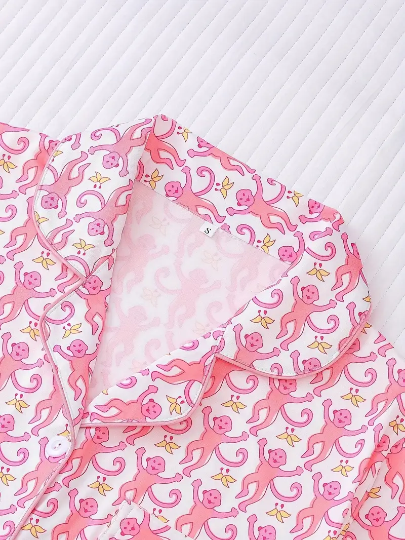 three sets of womens pajamas set womens pajamas set combination knitted fabric short sleeved button top and matching pants full body print collar and pocket details suitable for adult pajamas set Product details 2