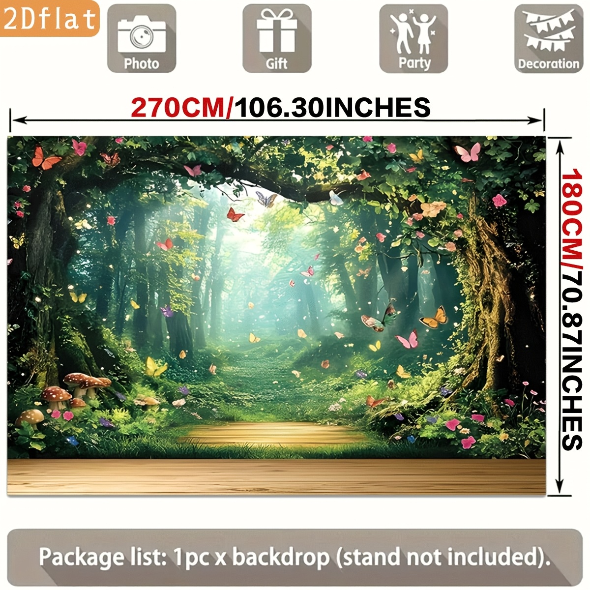 TEMU 2d Flat - 2d Flat - [ For Party Banner] 2d Flat Banner, 1pc Forest Path Colorful Butterflies Flowers Mushrooms Greenery Sunlight Polyester