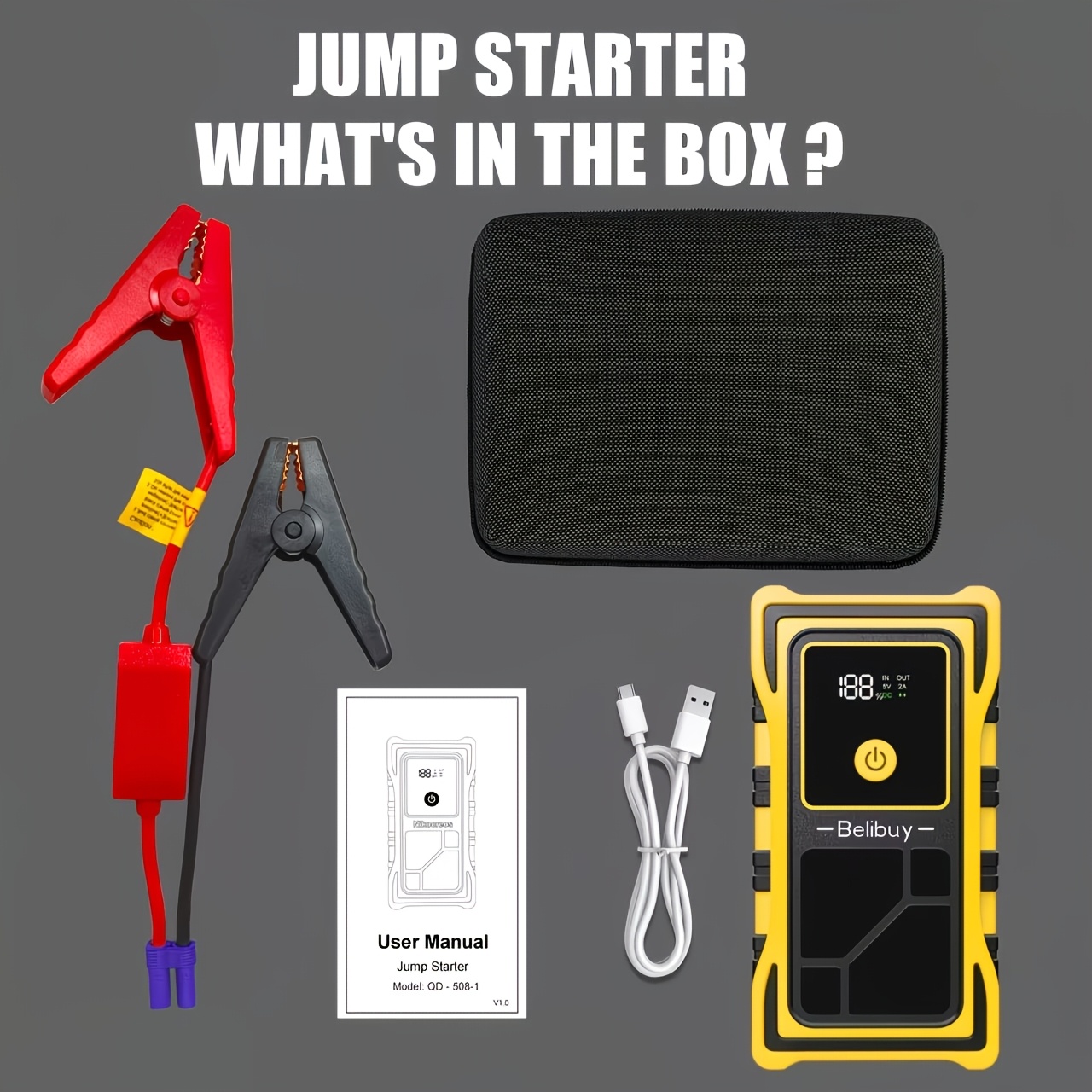 6000a Emergency Jump Starter Kit - 12v Emergency Battery Booster For 10.0l Gasoline/9.0l Engines, With Jumper Cables, Led Flashlight, And Usb Ports, A Portable Car Rescue Tool Kit