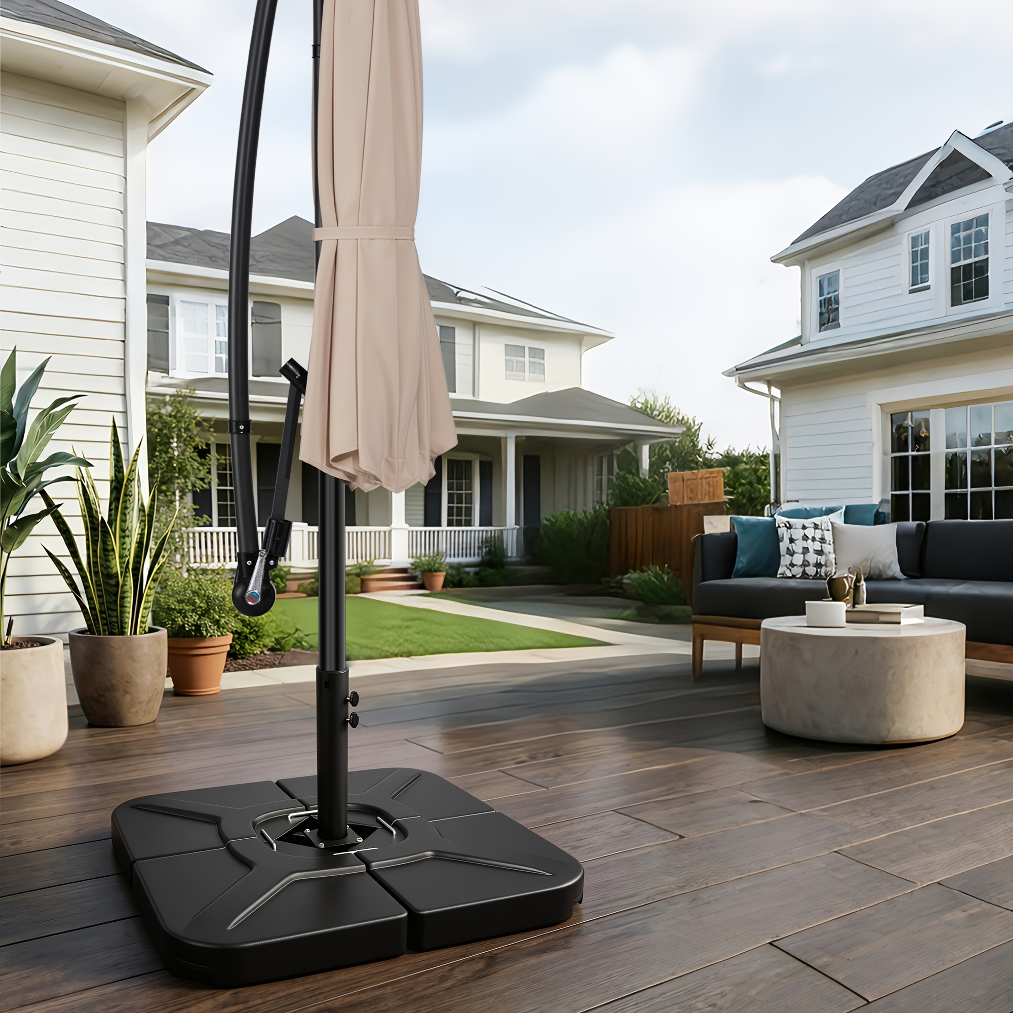 [Sturdy Umbrella Stand] Sturdy 4-Part Cantilever Umbrella Stand - 290Lbs Square Base That Can Be Filled with Sand Or Water, Ideal for Offset Patio Umbrellas, Suitable for Gardens, Pools, Decks, And Backyards
