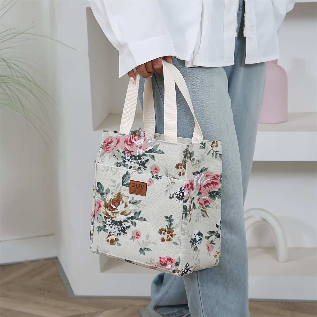 dliu vintage floral fabric handbag thickened work tote front