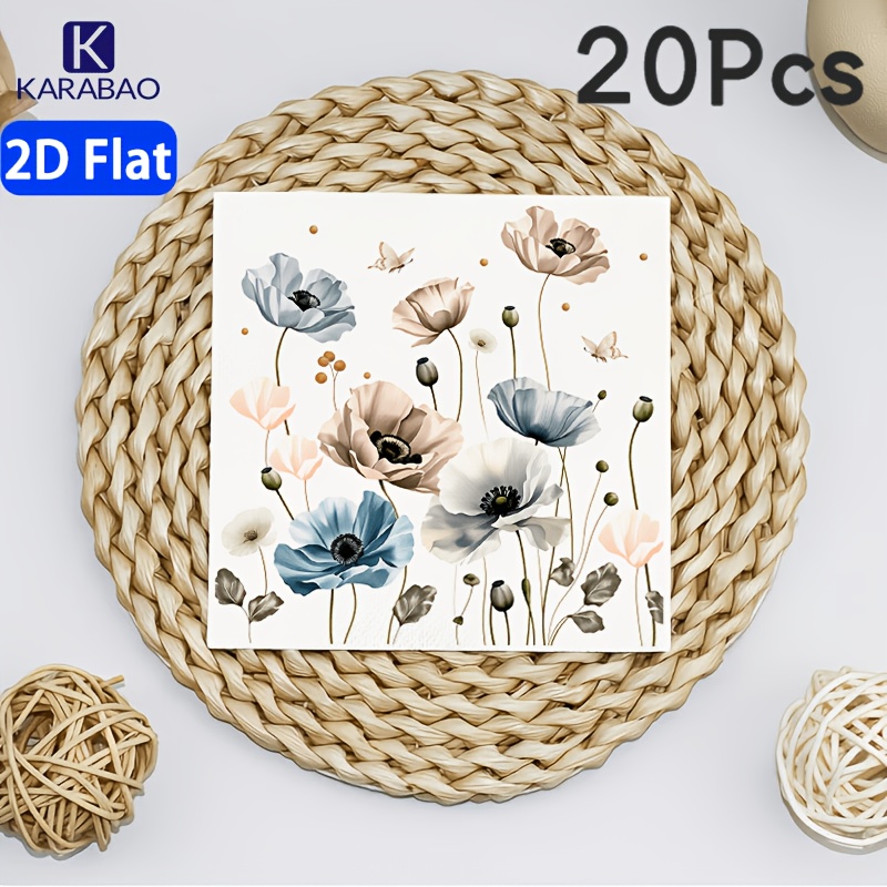 TEMU 2d Flat 20pcs/40pcs/60pcs Elegant Floral Pattern Napkins, Featuring And Natural Design Of Blue And Pink Poppies With Butterflies, Suitable For