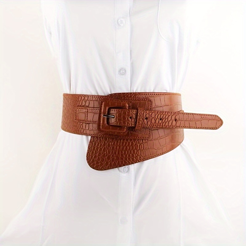 Vintage Elastic Belt Brown Crocodile Texture Square Buckle