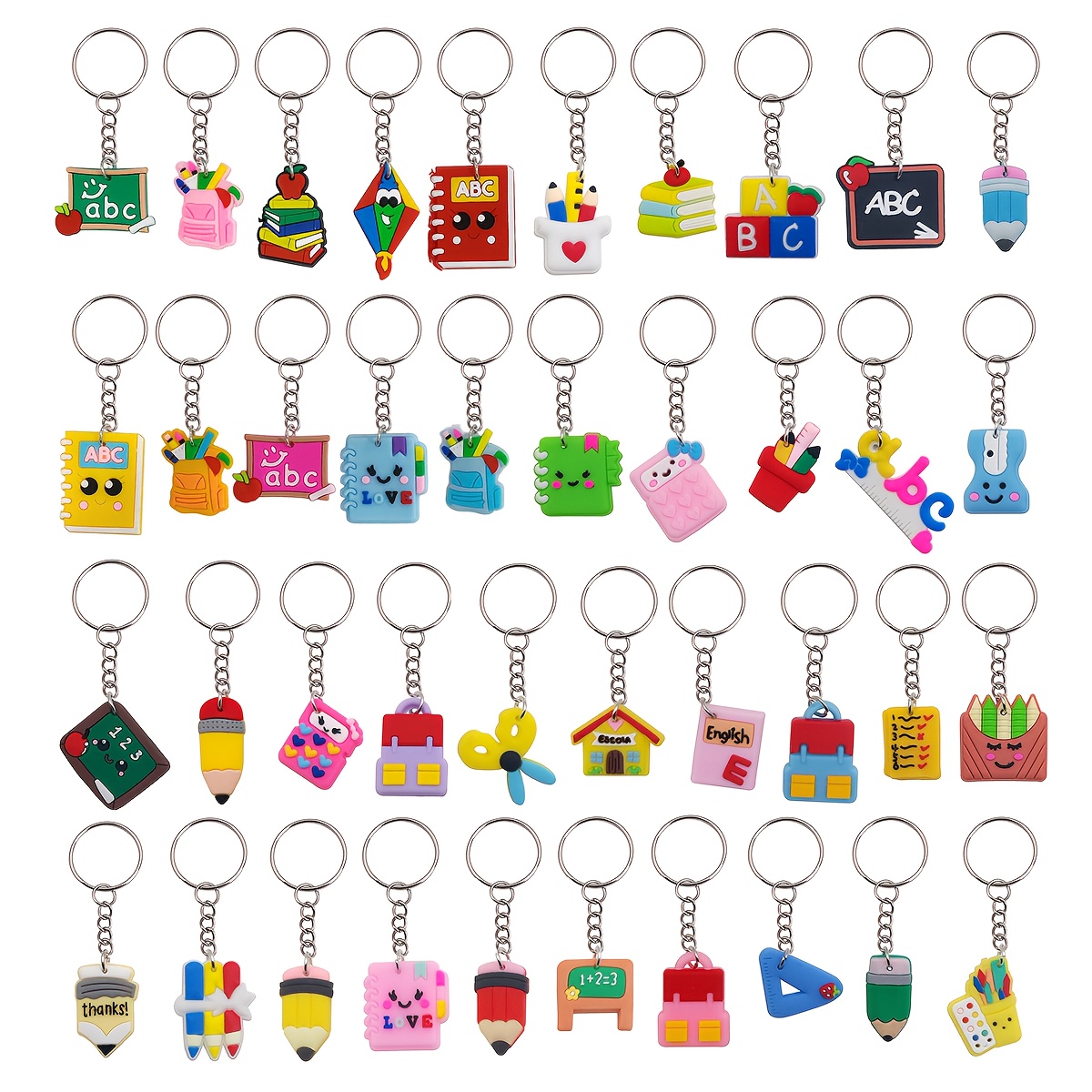 TEMU 40pcs Assorted Cute Cartoon Stationery Set: Pencils, Rulers, Writing Boards, Calculators, Keychains, And Key Rings - Ideal For Prizes And