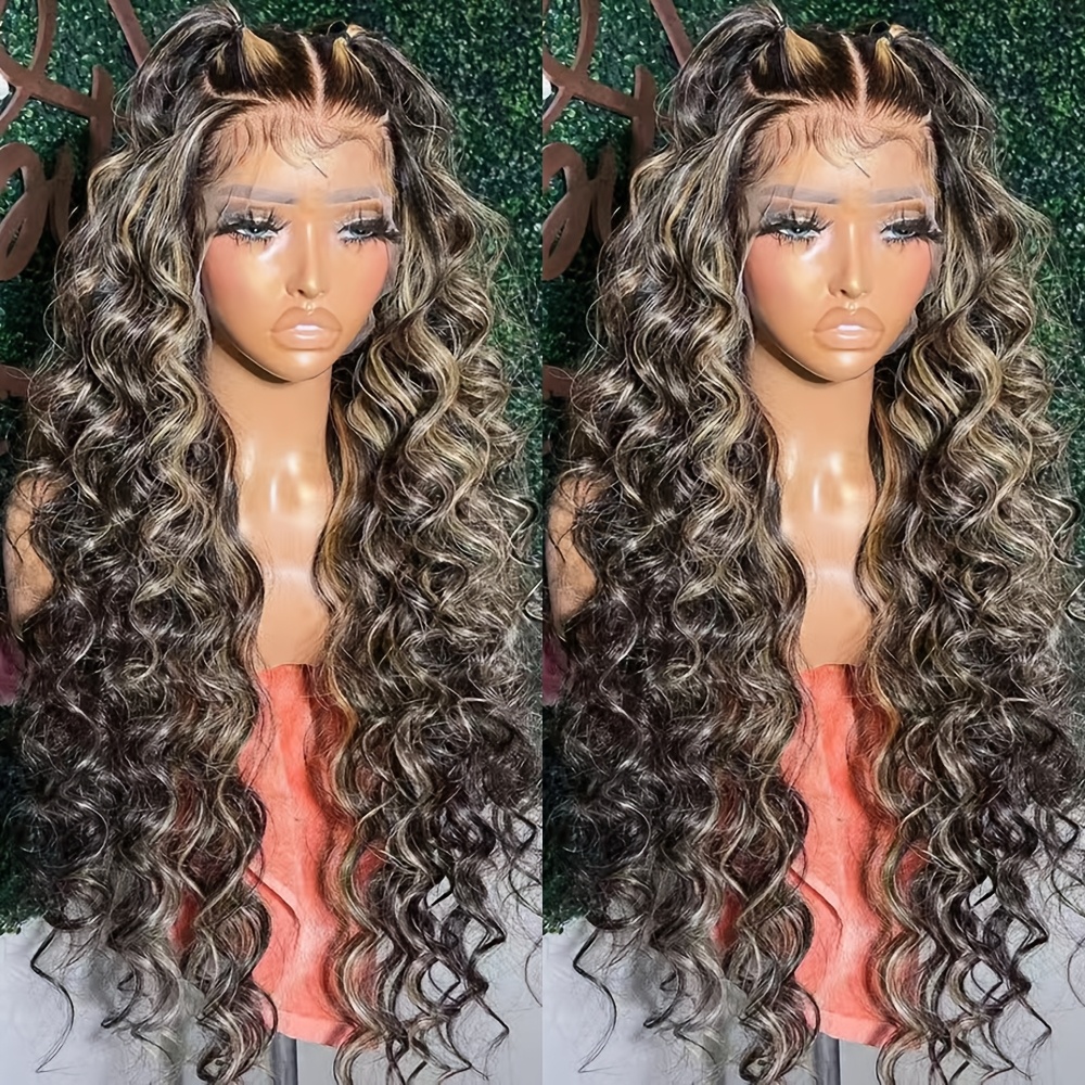 TEMU Blonde Highlight Curly Wave Synthetic Lace Front Wig For Women - 13x4 Heat Resistant Fiber, Pre- Hairline, Glueless Design, 28 Inch Loose Curly Waves, Daily & Party Wear