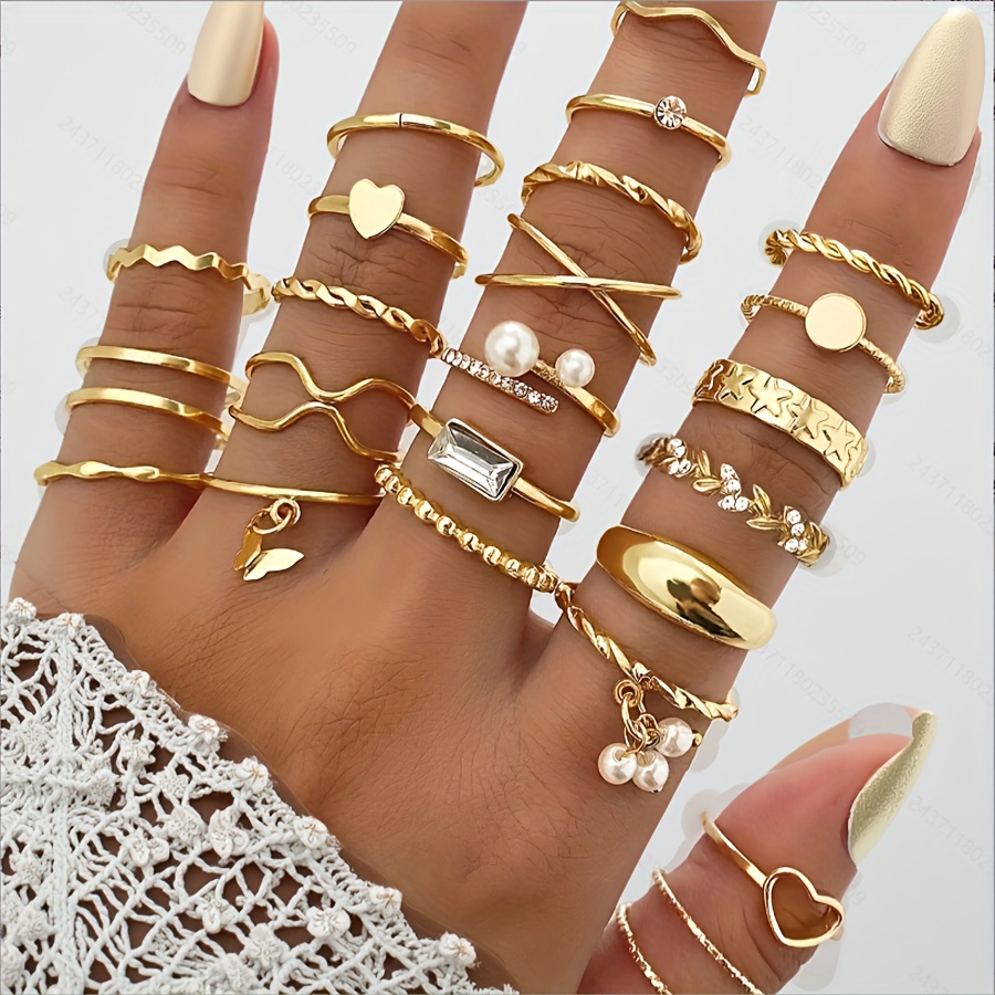 Image of 24pcs Women's Retro Stackable Joint Finger Ring Zirconia Easy Twisted Hollow Cute Ring Set Jewelry Gift Decorative Opening Ring For Women' Wear