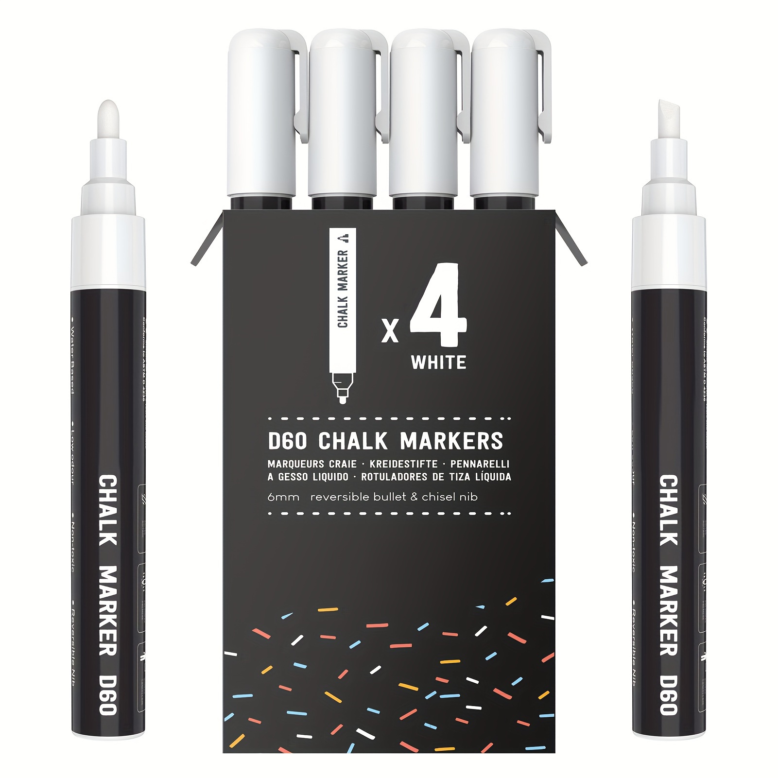 

4 Pack - White Liquid Chalk Markers Erasable Chalk Marker Pens For Non-porous Blackboard, Chalkboard, Window, Glass, Signs, Bistro Board And Ceramic - 6mm Reversible Tips