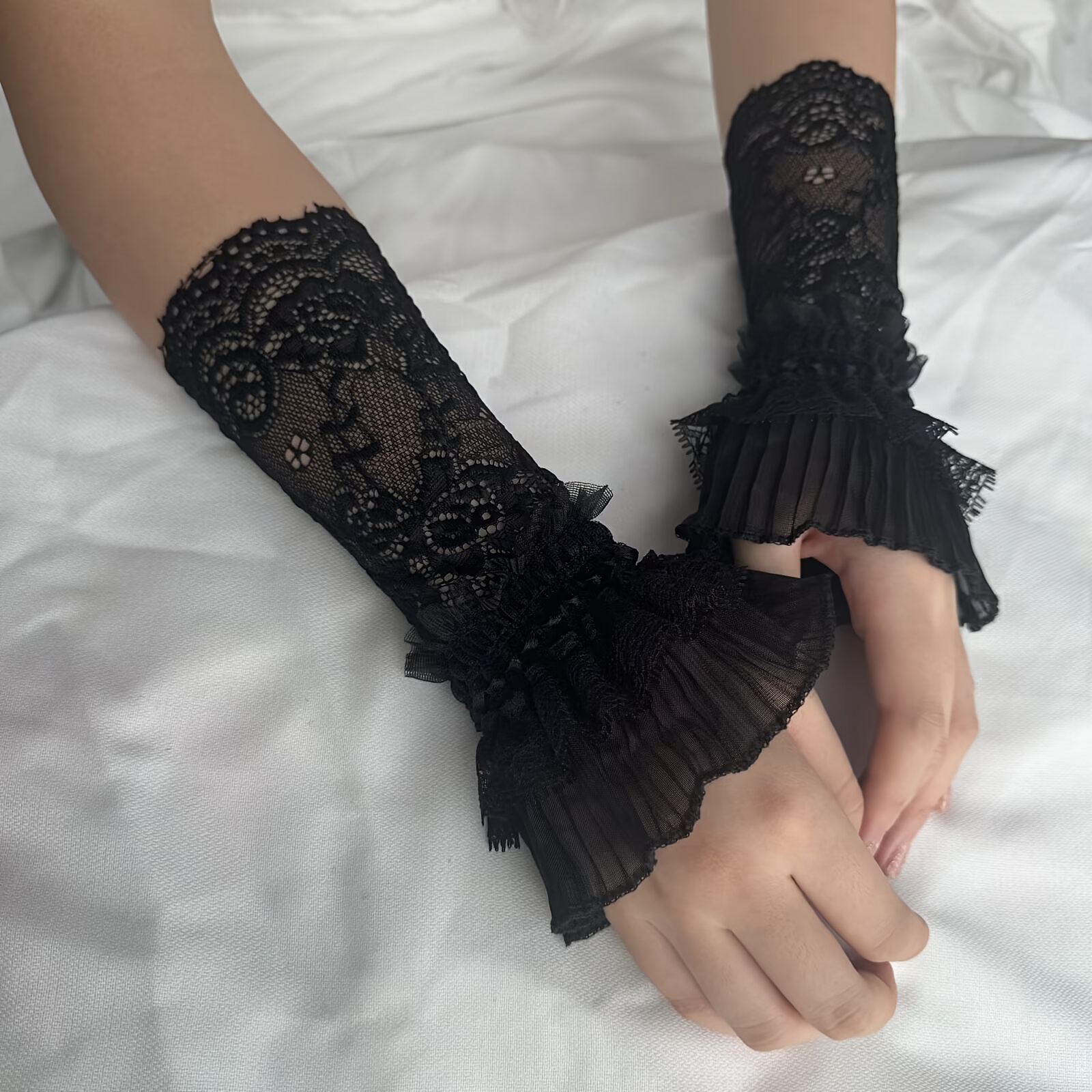 TEMU 1 Pair, New Autumn And Winter Lace Trim Sleeve Women's Spring And Summer Wristbands Decorative Gloves Gloves, Suitable For Weddings, Birthdays,