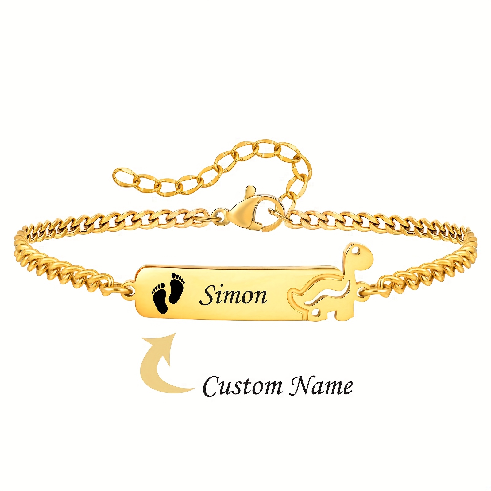 TEMU 1 Custom Name Bracelet, Cute Cartoon Dinosaur Pattern, 304 304 304 Stainless Steel Material - Life Exceeds 15 Years, Suitable For Birthday Gifts