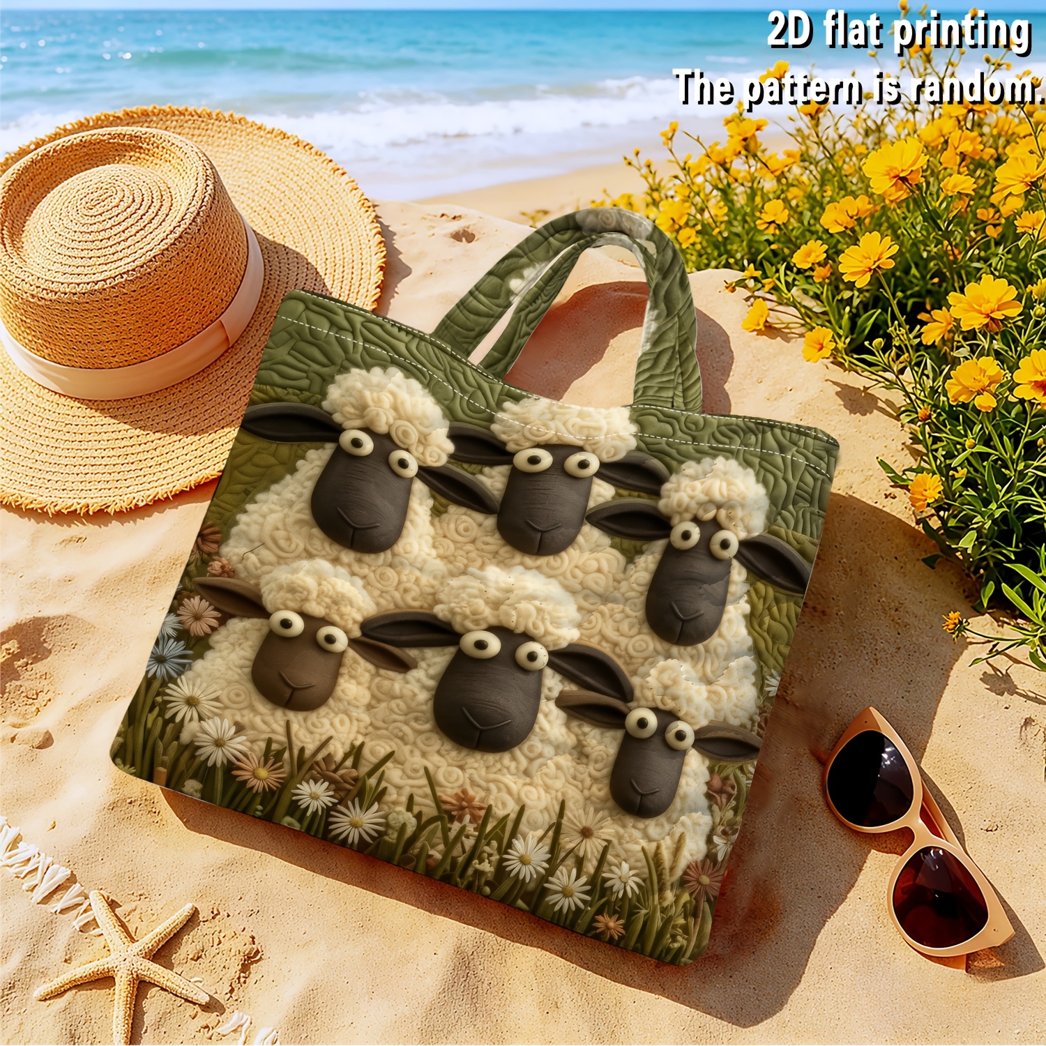 TEMU Women's Quilted Tote Bag With Cute Sheep & Floral Pastoral Print - Large Capacity Foldable Handbag Suitable For Daily Use, Beach Trips, Work,