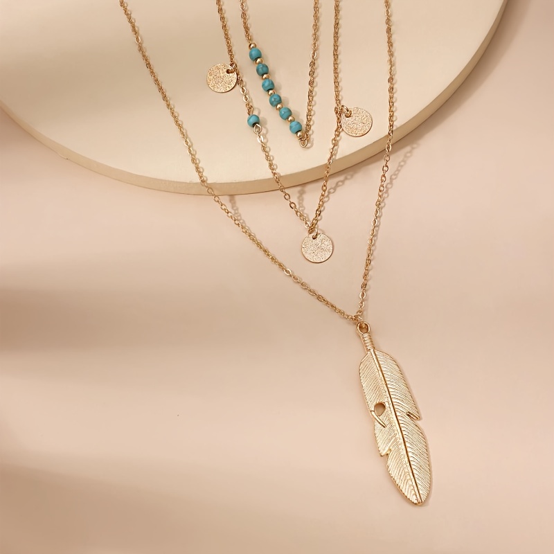 TEMU Trendy Fashion Style Necklace With A Vintage , Featuring Turquoise Beads, Sequins, And A Multi-layered Leaf Motif For A