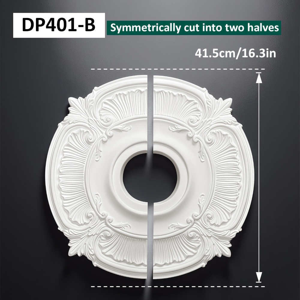 E-shop - Weiße PU Deckendekor-Block, 2-teiliges Design mit floraler Reliefaufteilung der Lampenpaneele. Deckenleuchte/Ventilatorabdeckung zur